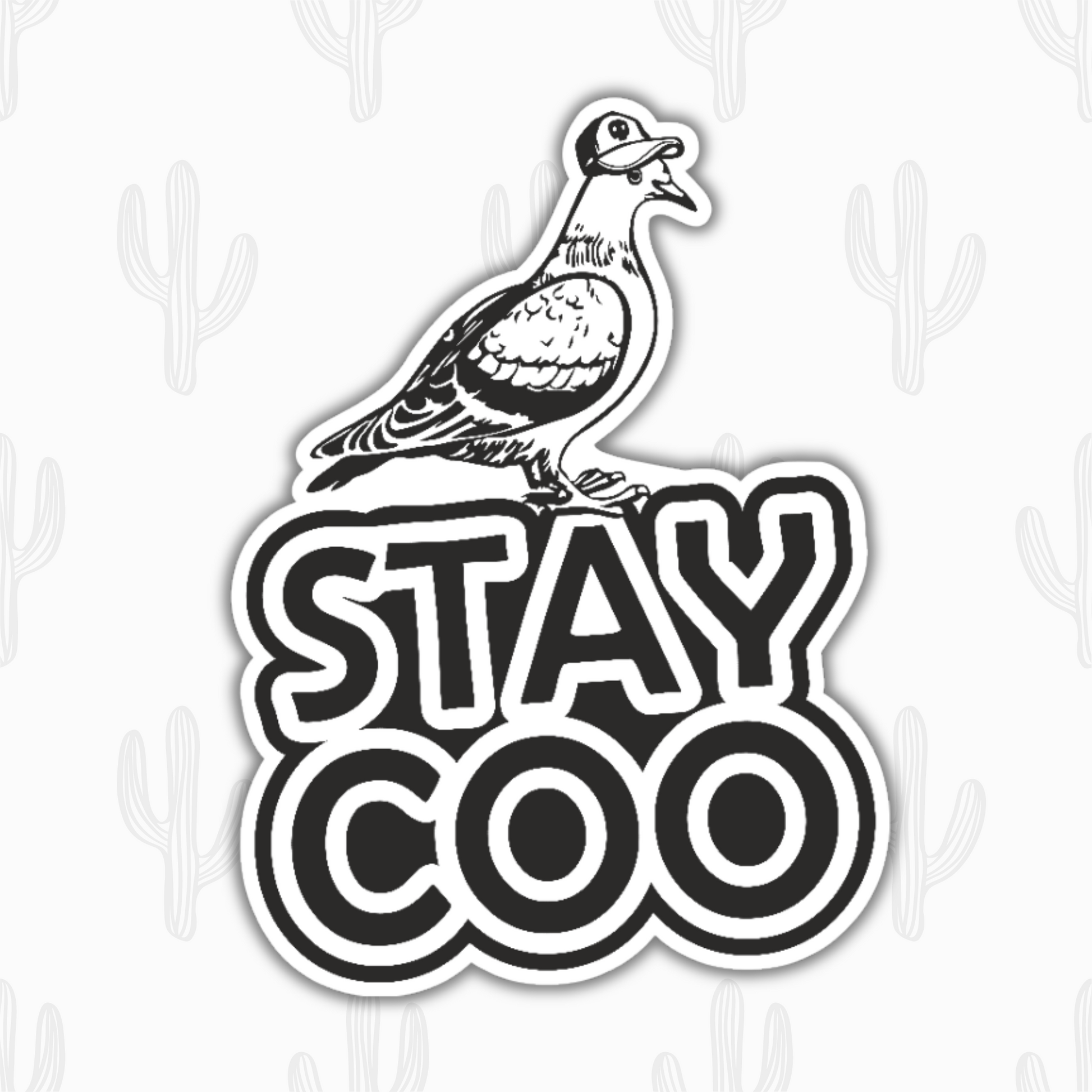 Black and white pigeon sticker with the phrase "Stay Coo" in bold lettering