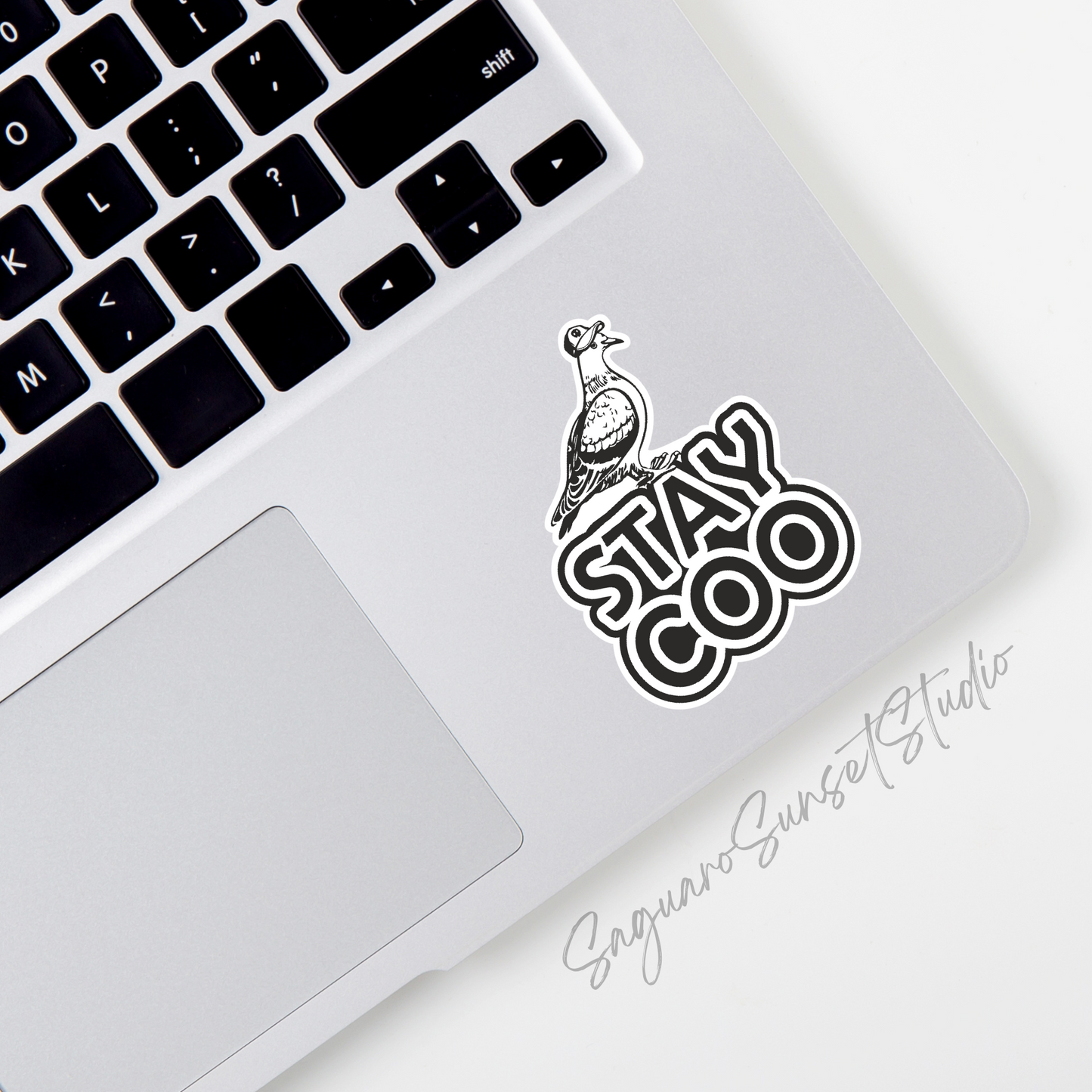 Black and white pigeon sticker with the phrase "Stay Coo" in bold lettering