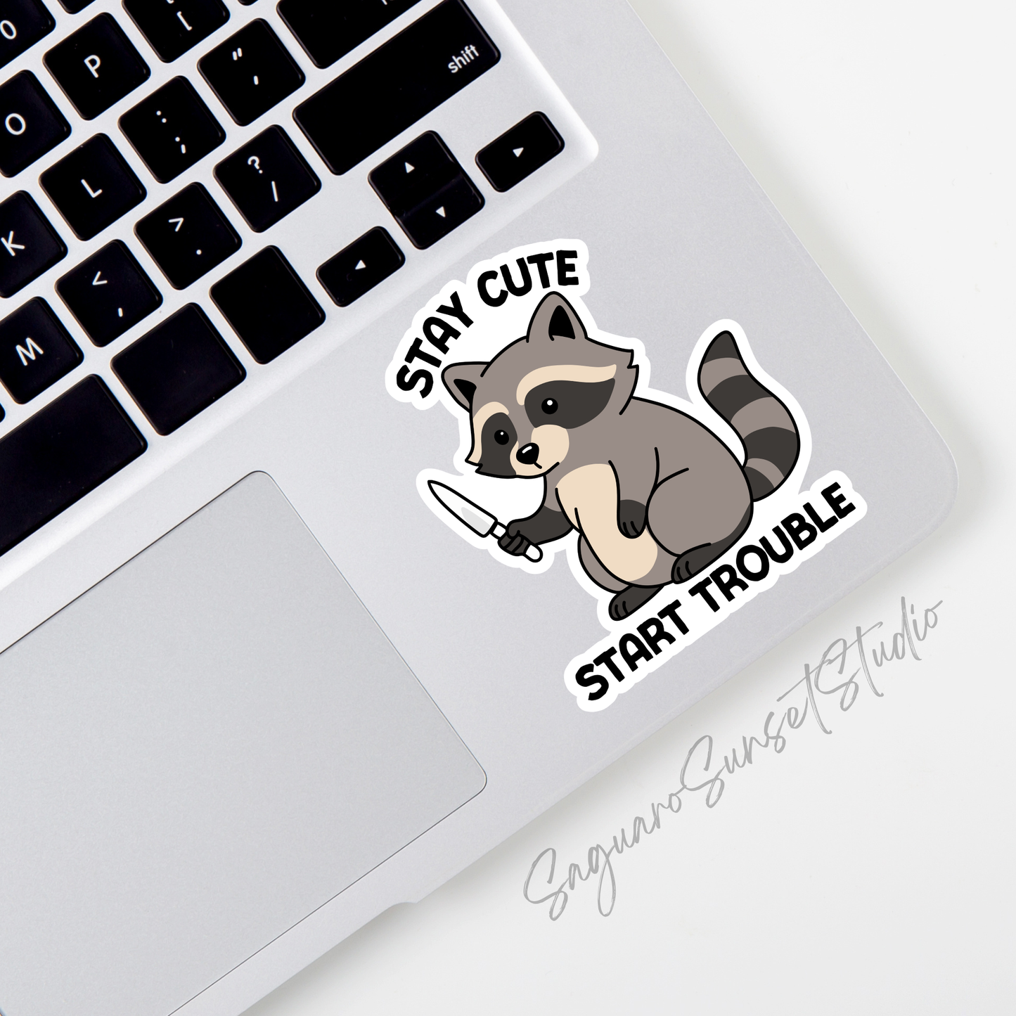 Stay Cute Start Trouble Funny Motivational Raccoon Sticker for Water Bottle, Cute Laptop Stickers