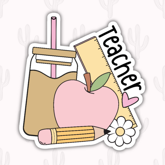 A sticker featuring a pastel-colored coffee cup, apple, ruler, pencil, and a heart with the word "Teacher" in bold black text, perfect for celebrating educators.