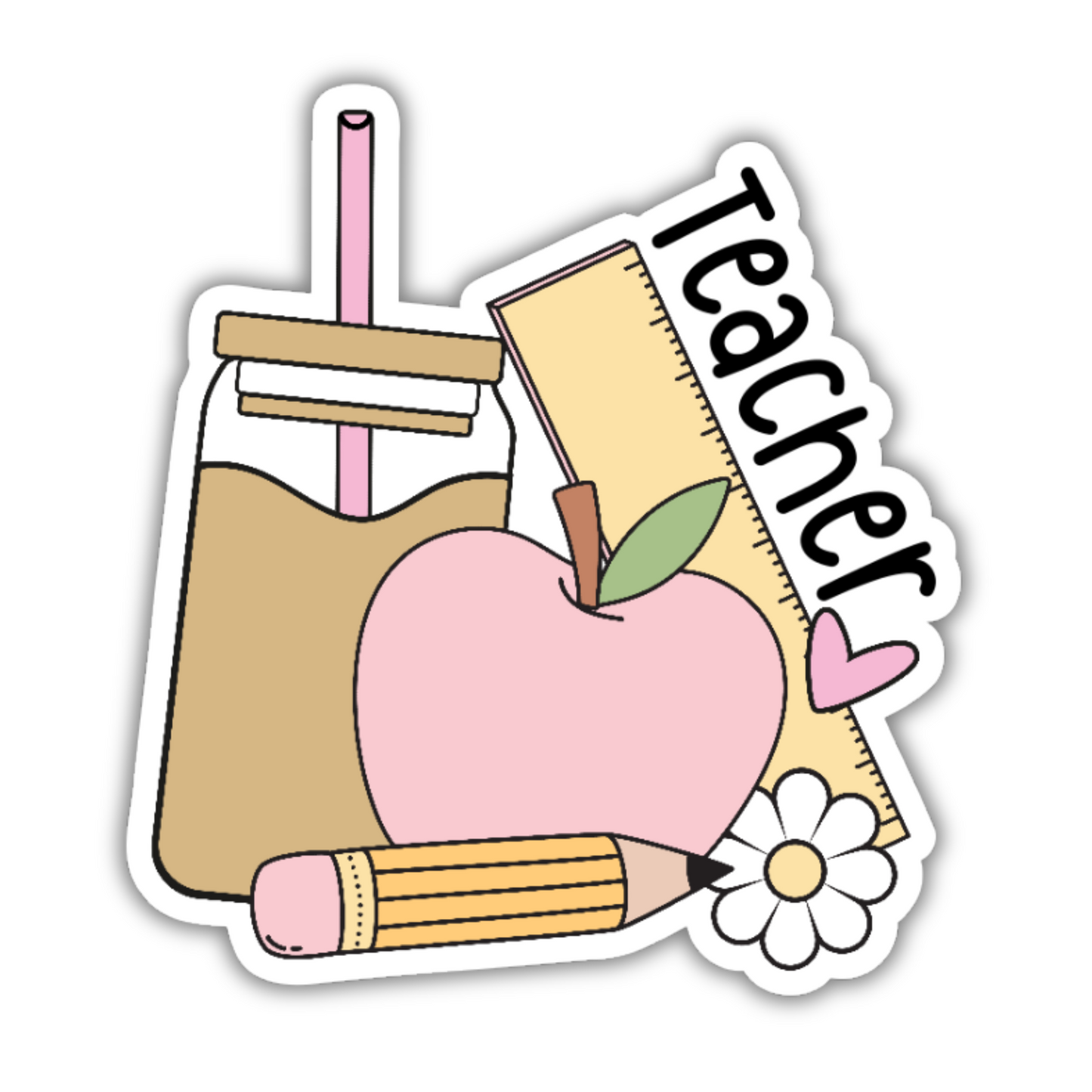 A sticker featuring a pastel-colored coffee cup, apple, ruler, pencil, and a heart with the word "Teacher" in bold black text, perfect for celebrating educators.