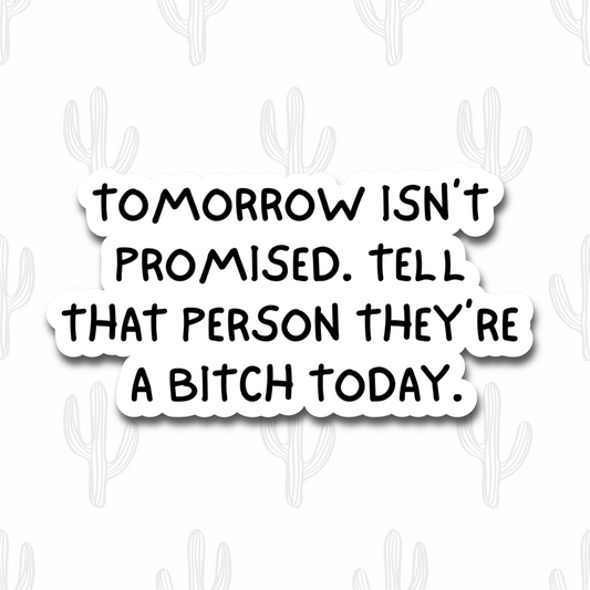 A white vinyl sticker with bold black handwritten-style text that reads, “Tomorrow isn’t promised. Tell that person they’re a bitch today.” The text is centered and playful, combining humor and attitude.