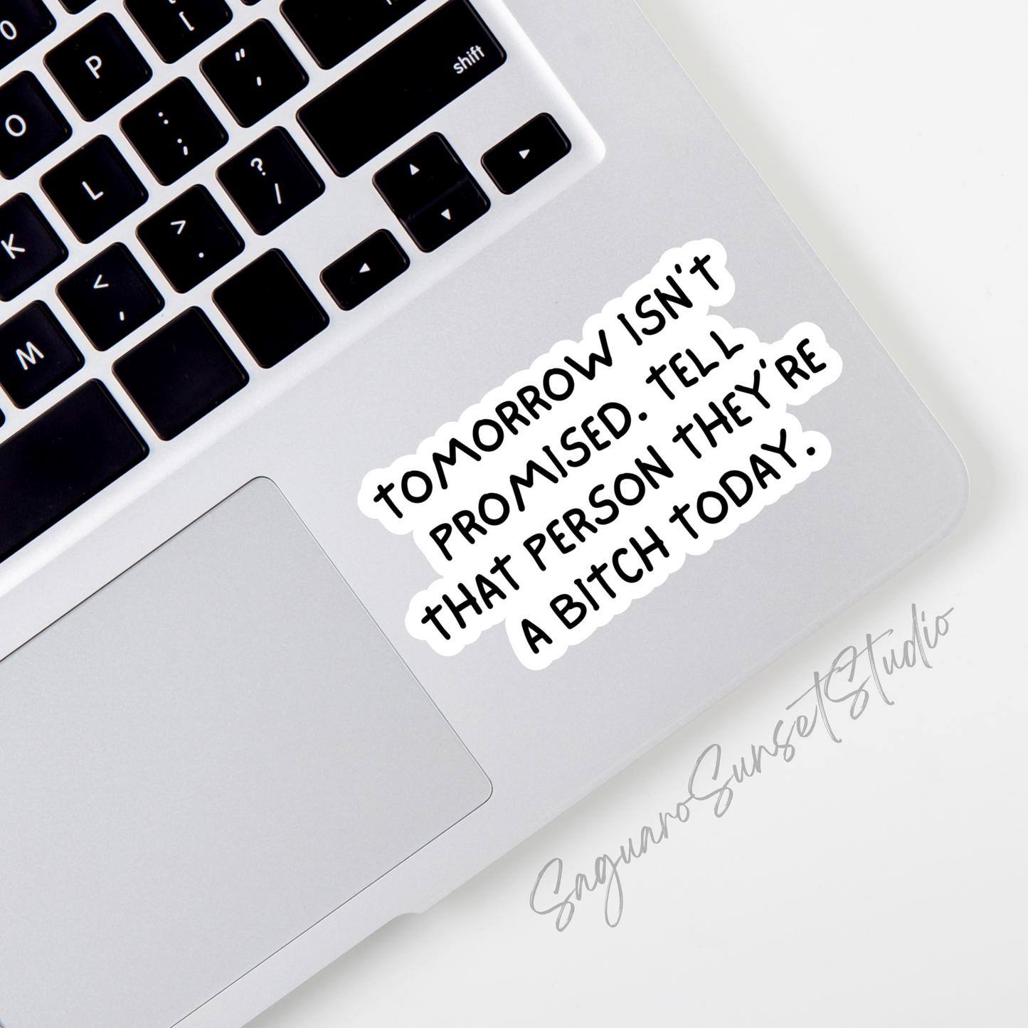 A white vinyl sticker with bold black handwritten-style text that reads, “Tomorrow isn’t promised. Tell that person they’re a bitch today.” The text is centered and playful, combining humor and attitude.