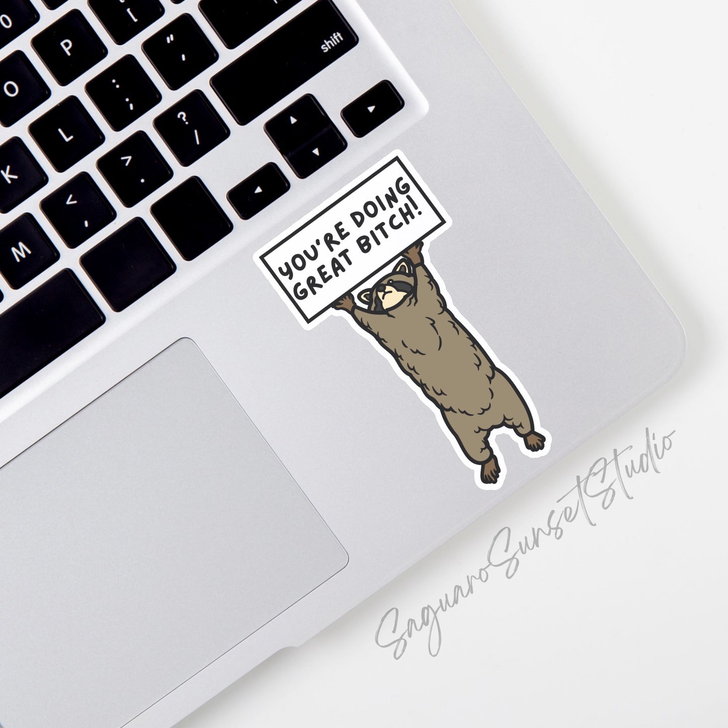 A sticker featuring a cartoon raccoon holding up a sign that reads, "You're doing great, Bitch!" in black text. 