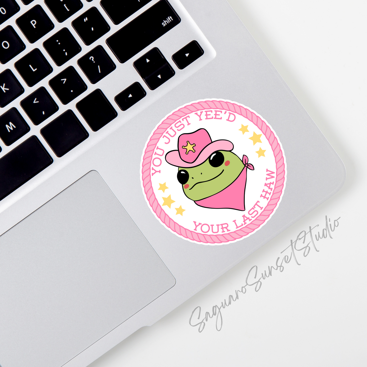 A round sticker featuring a green frog wearing a pink cowboy hat and bandana, surrounded by a pink rope border with the text "You Just Yee’d Your Last Haw" and yellow stars for added flair.