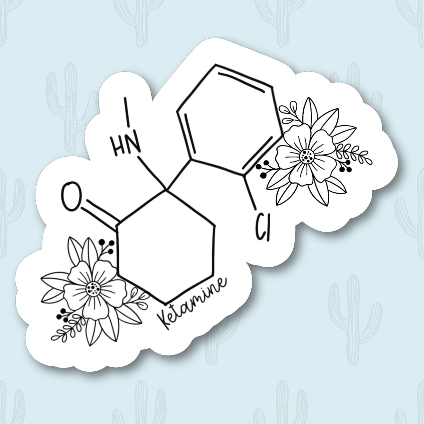 Sticker featuring a detailed illustration of the ketamine molecule with floral elements. Perfect for students, scientists, and medical professionals