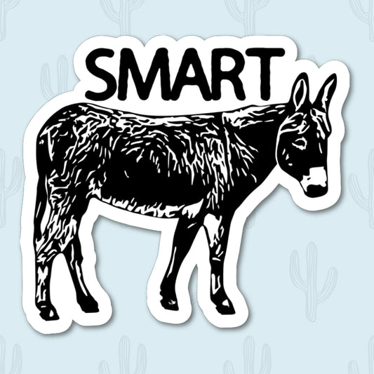 Sticker featuring a donkey (burro) with the word "SMART," designed to add humor to personal items.