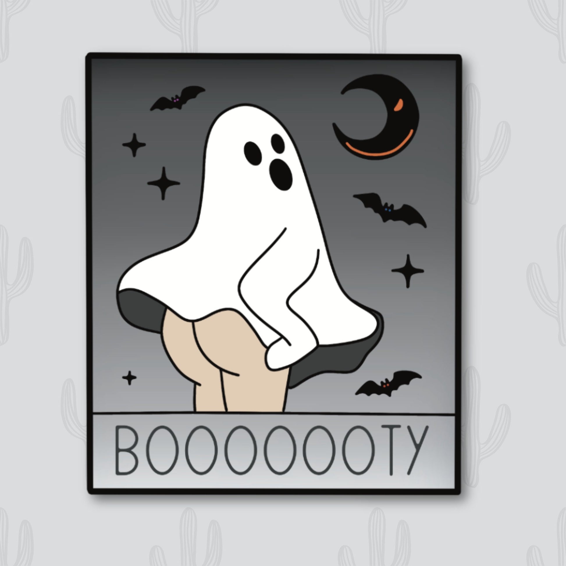 A vinyl sticker featuring a ghost lifting its sheet to reveal a booty, with the word "Booooooty" below, set against a grey background with bats, stars, and a crescent moon.