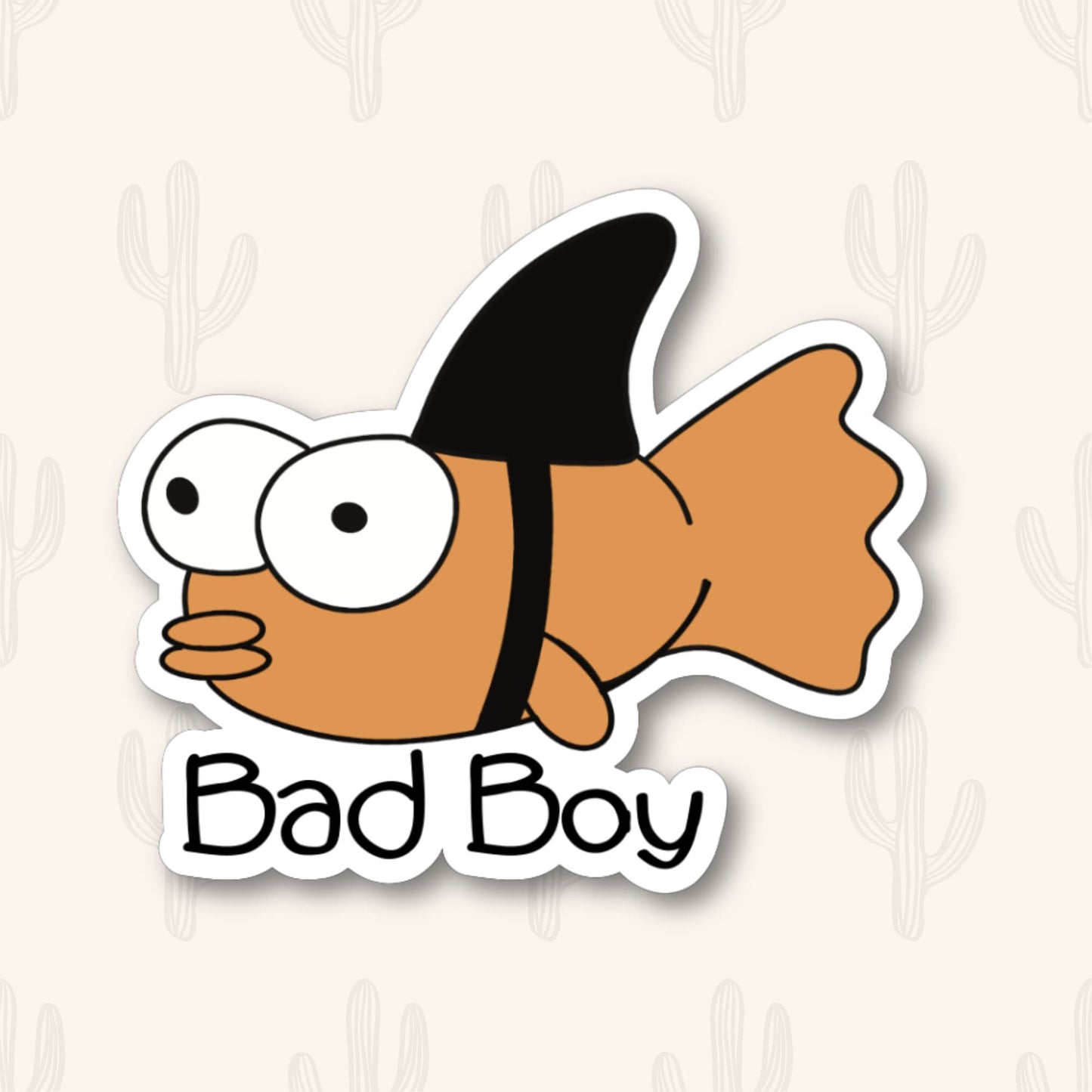 A sticker featuring a cartoon fish with big eyes and a mischievous look, wearing a black fin. Below the fish is the phrase "Bad Boy" written in black text.
