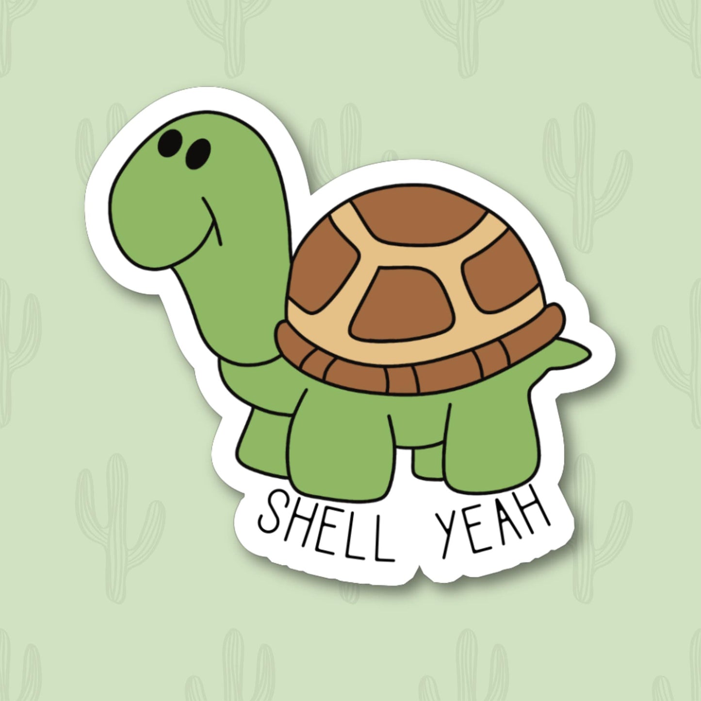 Sticker featuring a cute turtle with the phrase "Shell Yeah," designed to add fun to personal items.