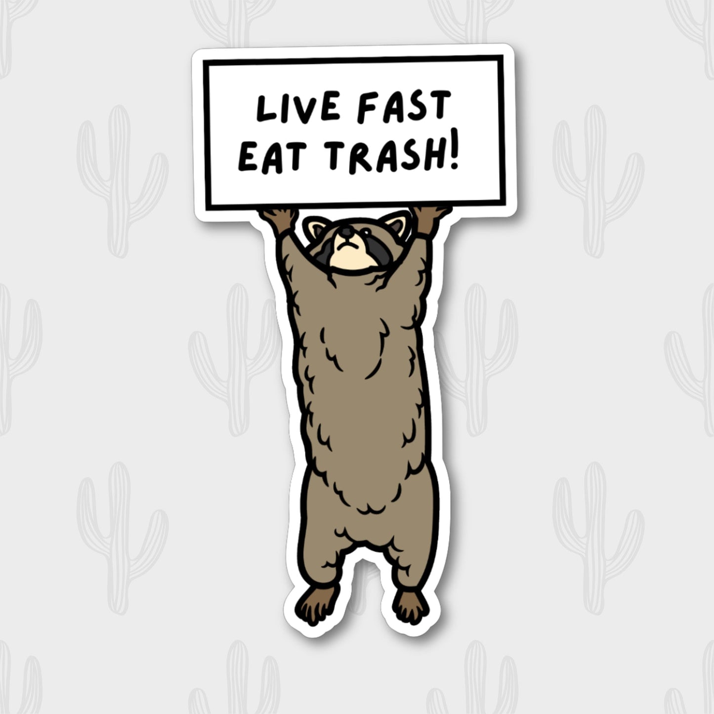 Sticker featuring an illustration of a raccoon holding a sign with the text "Live Fast Eat Trash!"