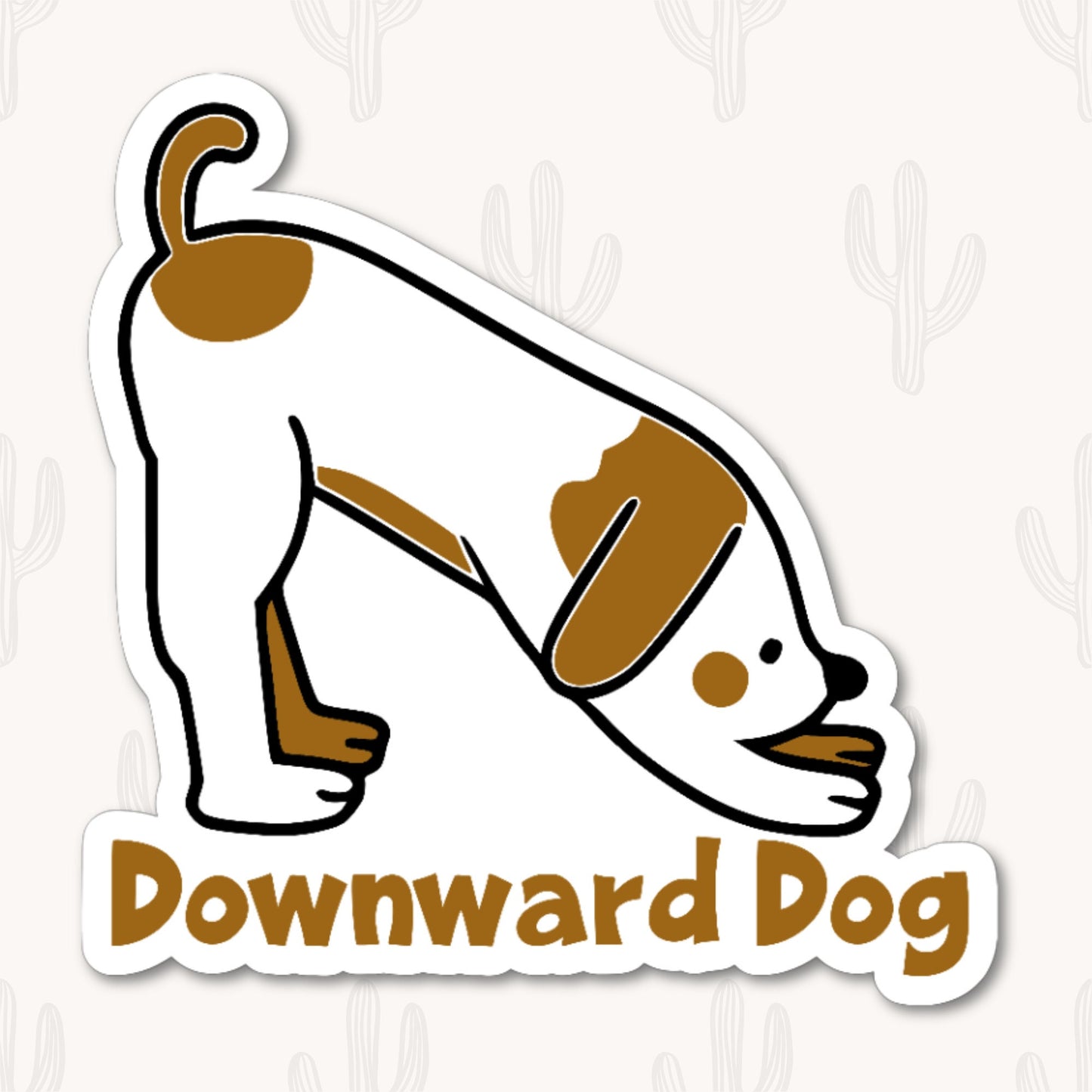 A vinyl sticker featuring a cartoon illustration of a dog in the downward dog yoga pose, with the text "Downward Dog" below the image.