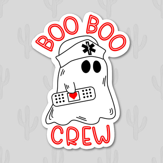 Sticker of a ghost with a bandage, wearing a nurse hat, and "boo boo crew" text in red.