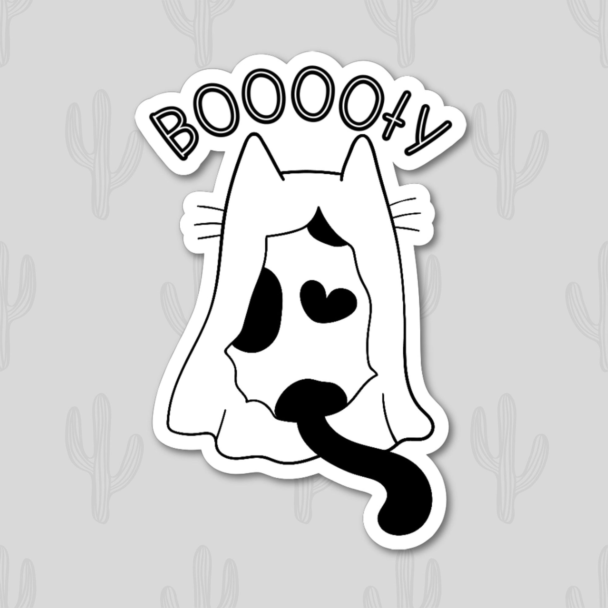 A black and white Halloween sticker featuring a cat ghost with the text 'booooty'