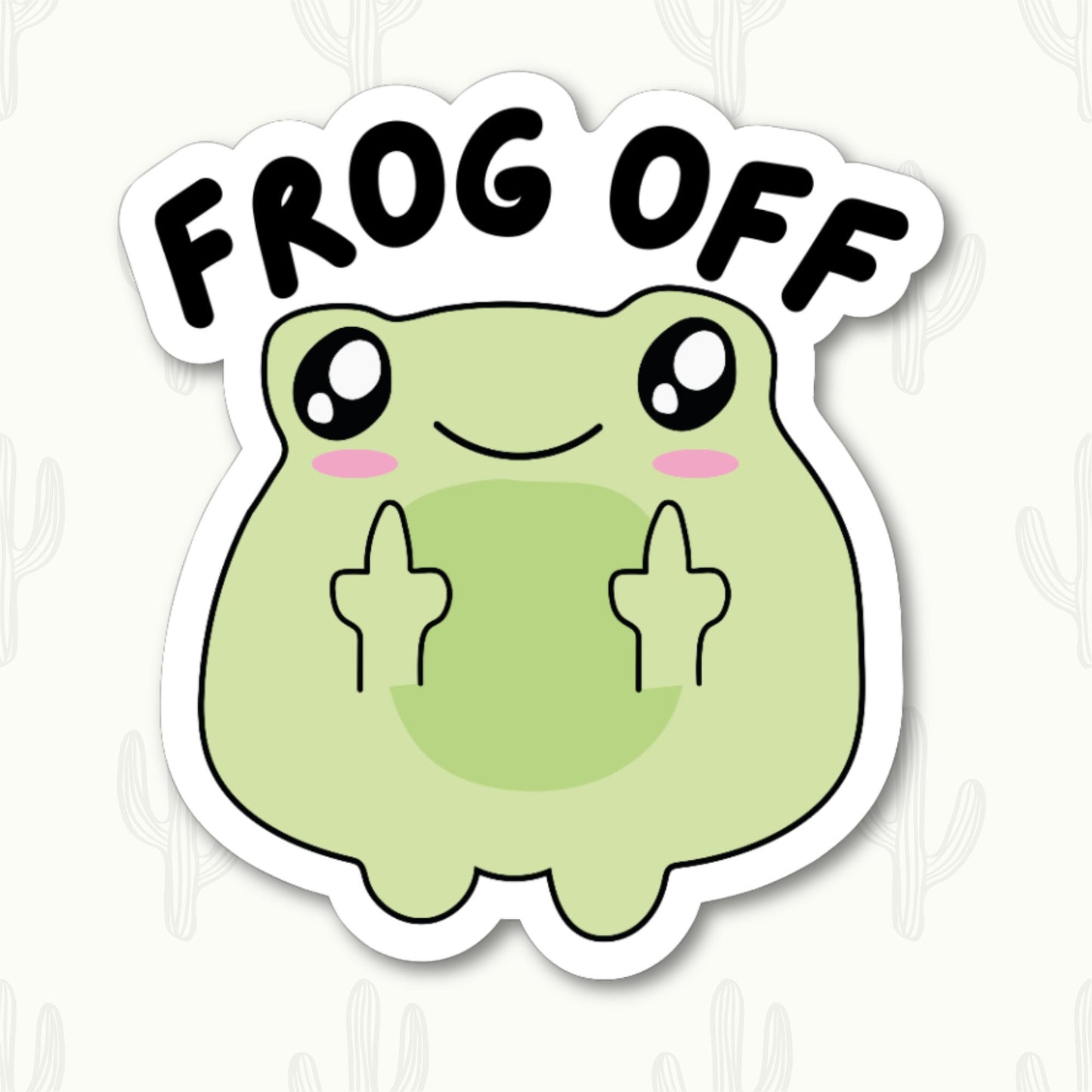 A vinyl sticker featuring a cute green frog with a mischievous expression, showing two middle fingers, with the text "Frog Off" above the frog