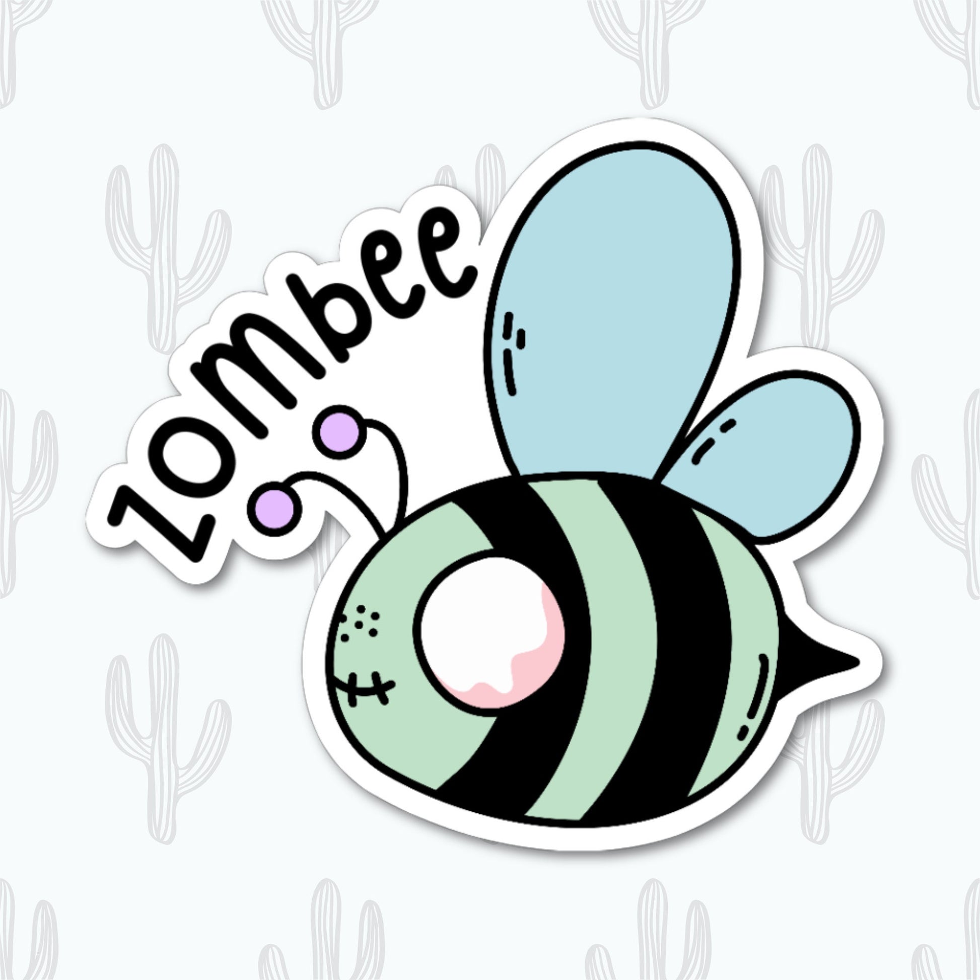 A sticker featuring a cartoon bee with a zombie twist, labeled "zombee" in black text. The bee has pastel blue wings, pink eyes, and green and black stripes, with playful, undead-themed details. 