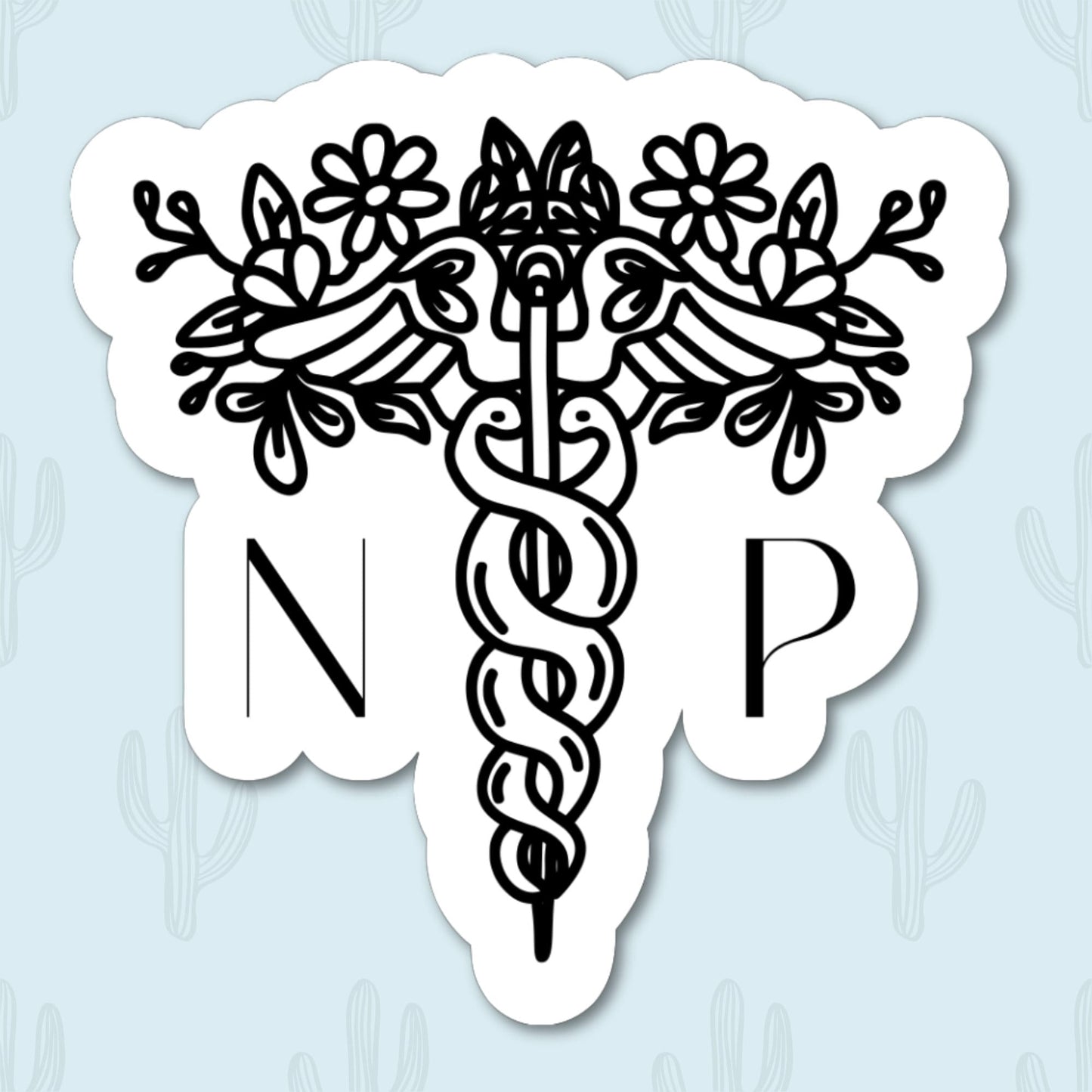 Sticker featuring an intricate caduceus design with flowers and the letters "NP," symbolizing Nurse Practitioner