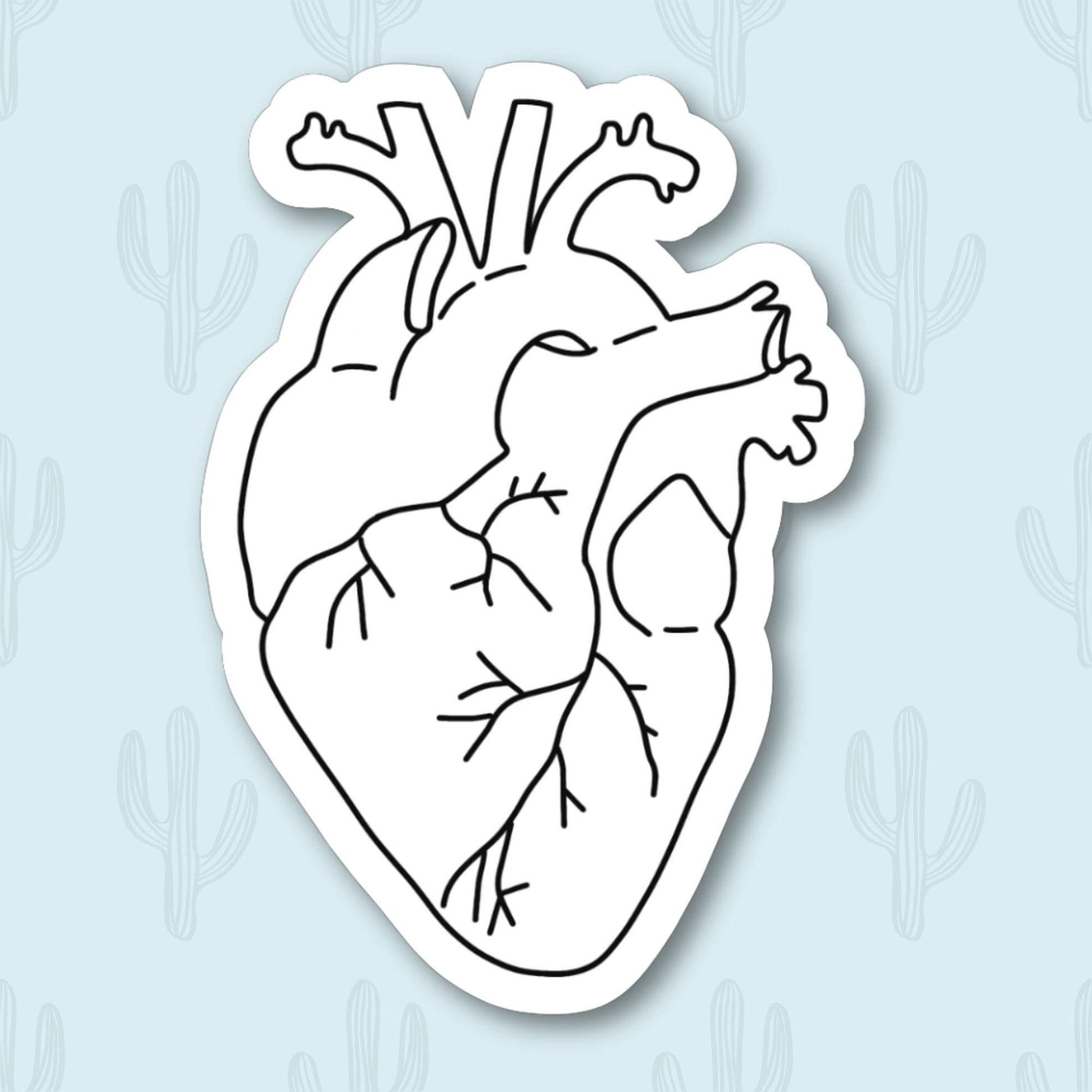 A Sticker of a white anatomical heart with black veins.