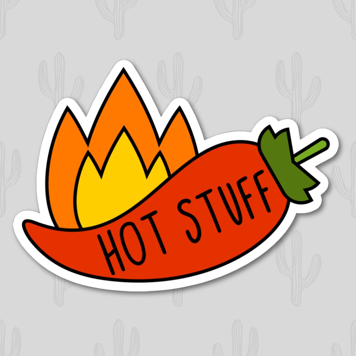 A vinyl sticker depicting a red chili pepper with yellow flames and the text "Hot Stuff"