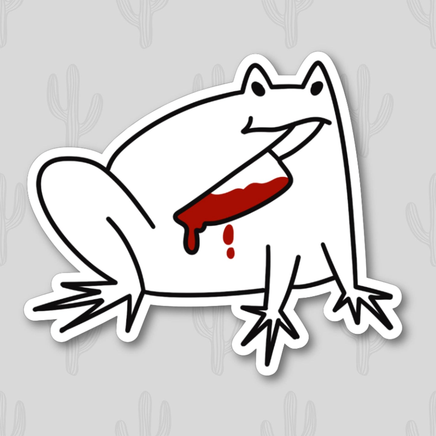 A vinyl sticker featuring a white frog holding a bloodied knife in its mouth