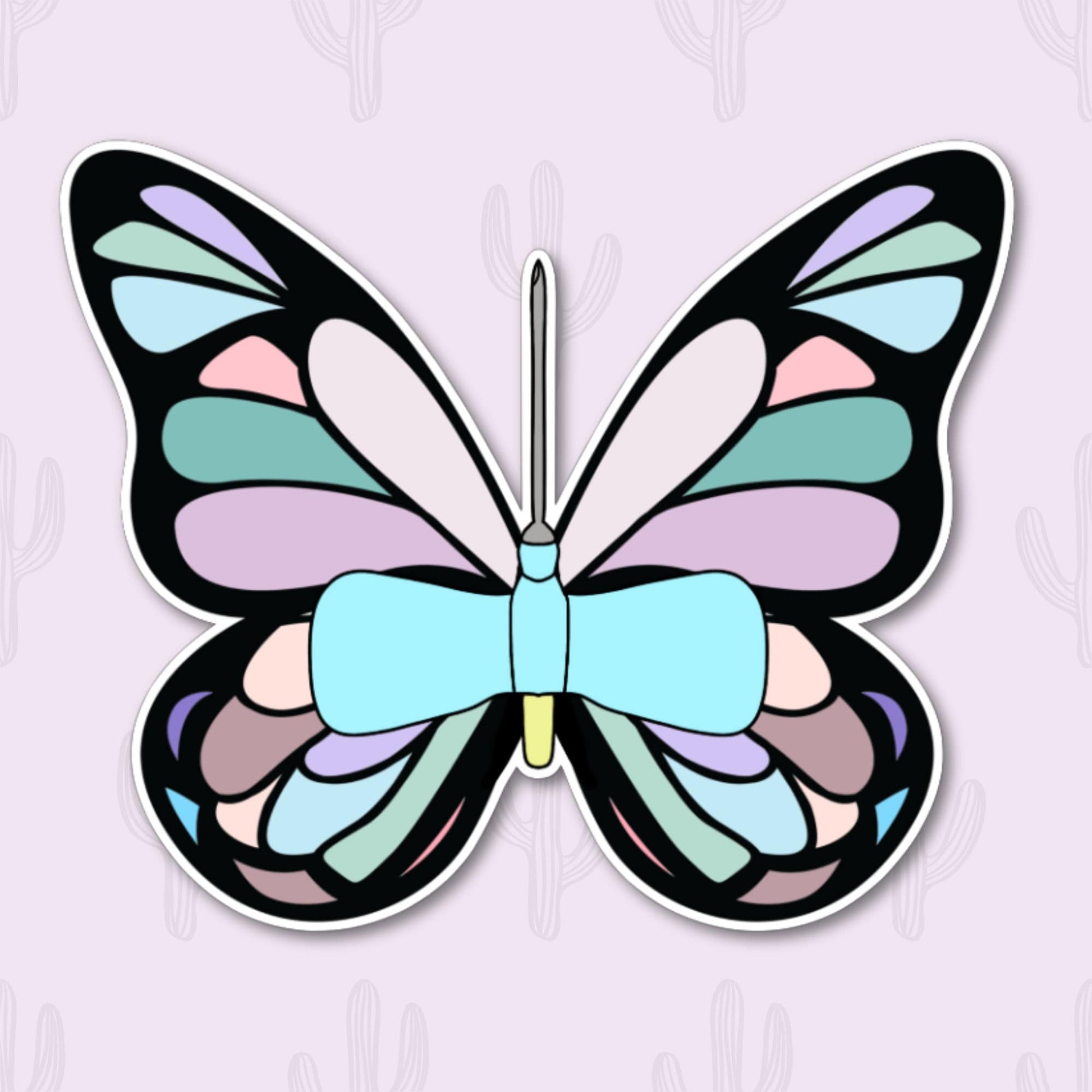 Sticker featuring a beautifully detailed butterfly needle with vibrant pastel colors. 