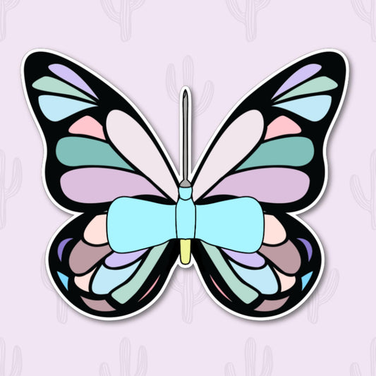 Sticker featuring a beautifully detailed butterfly needle with vibrant pastel colors. 