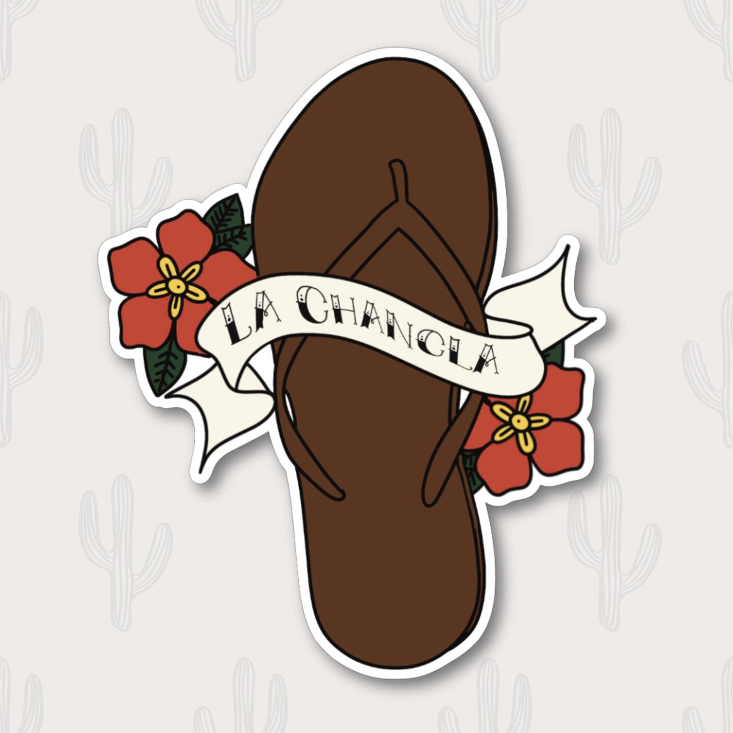 Sticker featuring a sandal with the text "La Chancla" and bright floral accents. 