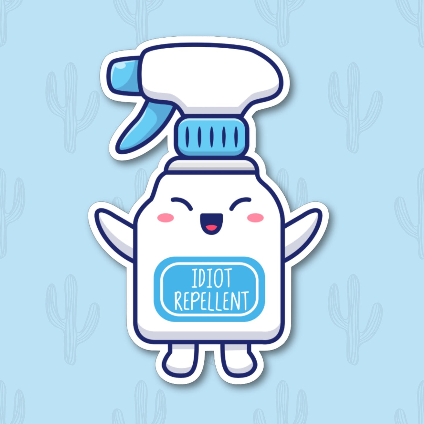 Sticker with a cute kawaii spray bottle character labeled "Idiot Repellent." 