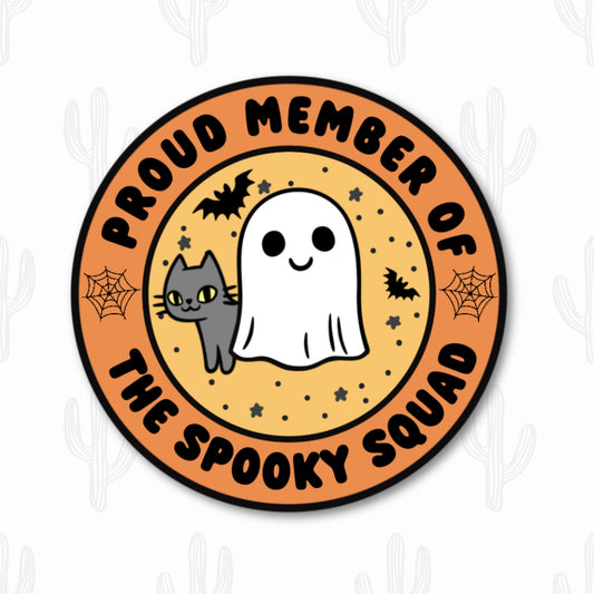 Sticker featuring a cute ghost, black cat, and the phrase "Proud Member of the Spooky Squad," designed for Halloween enthusiasts and fans of all things spooky.