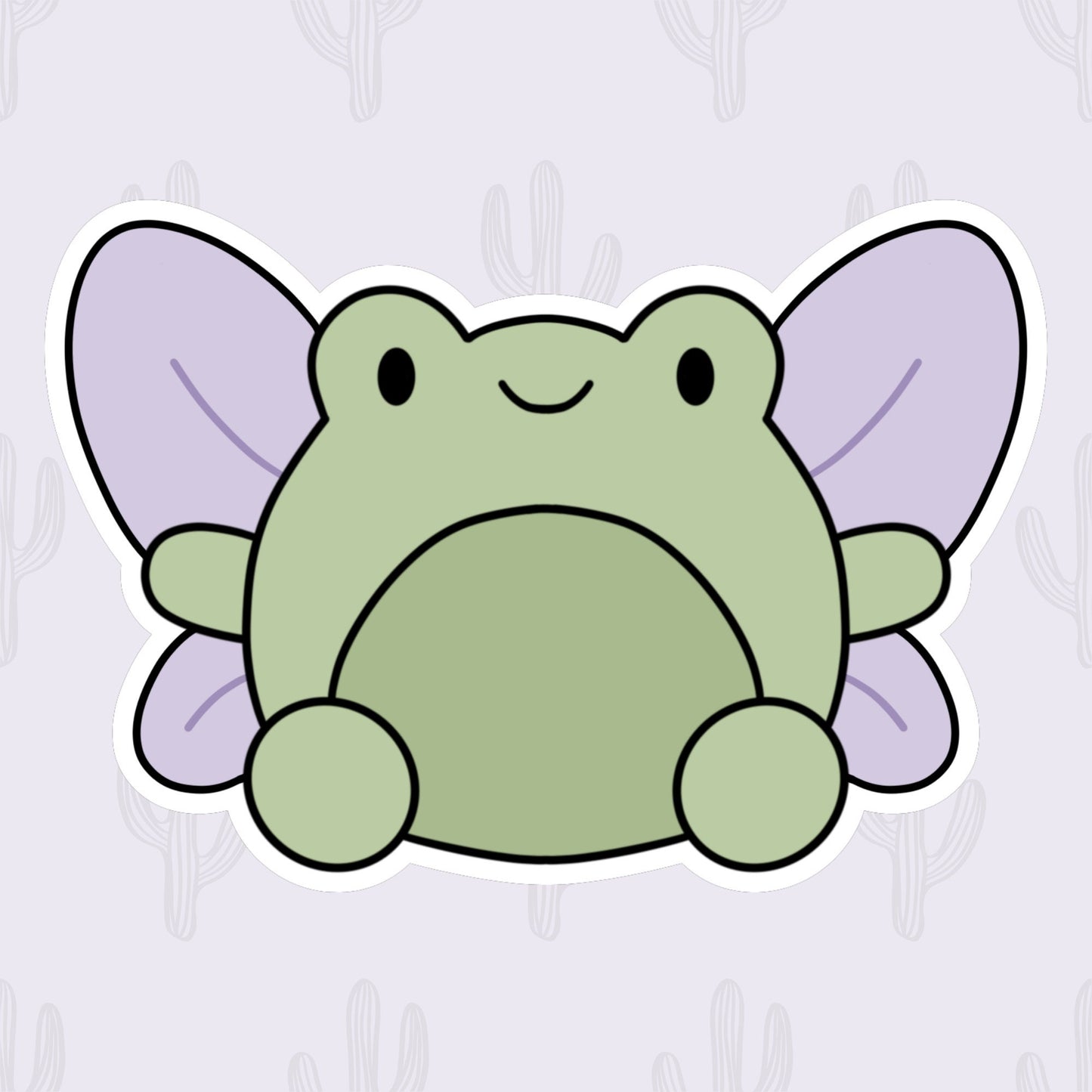 A vinyl sticker featuring a cute green frog with lilac colored fairy wings