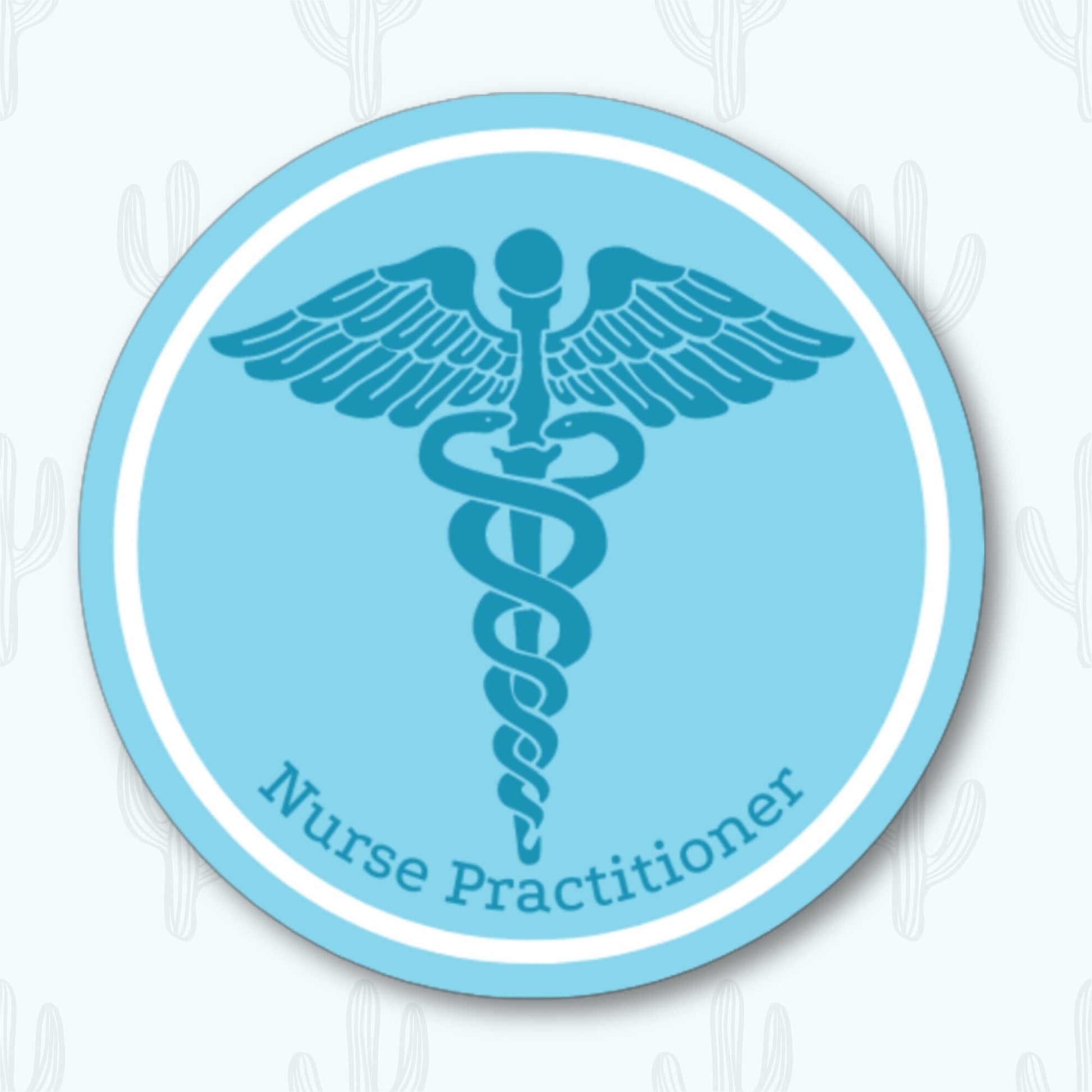 Blue circular sticker featuring the caduceus symbol and the words "Nurse Practitioner," designed to be professional and stylish.