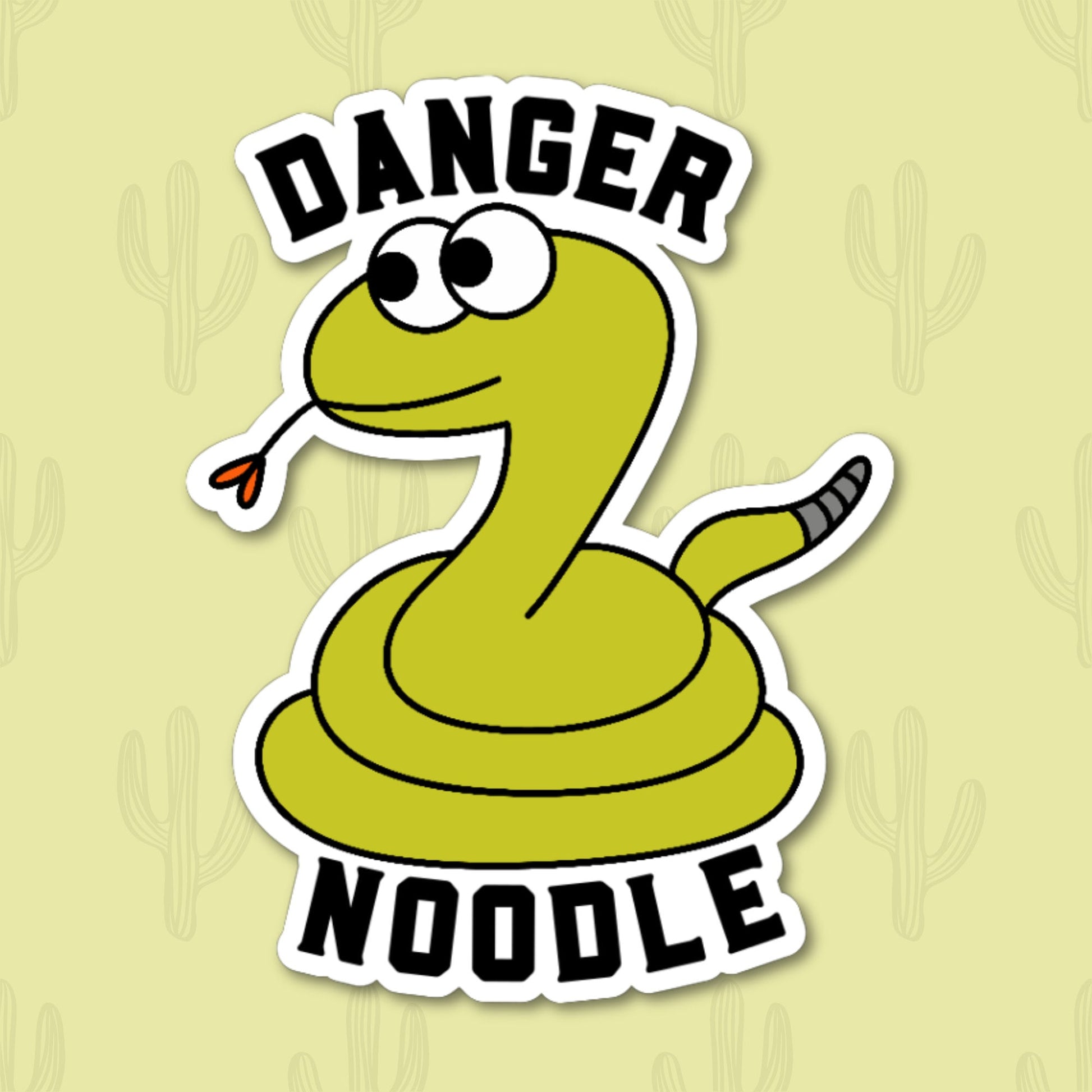 A sticker of a green snake coiled up with the phrase 'danger noodle'