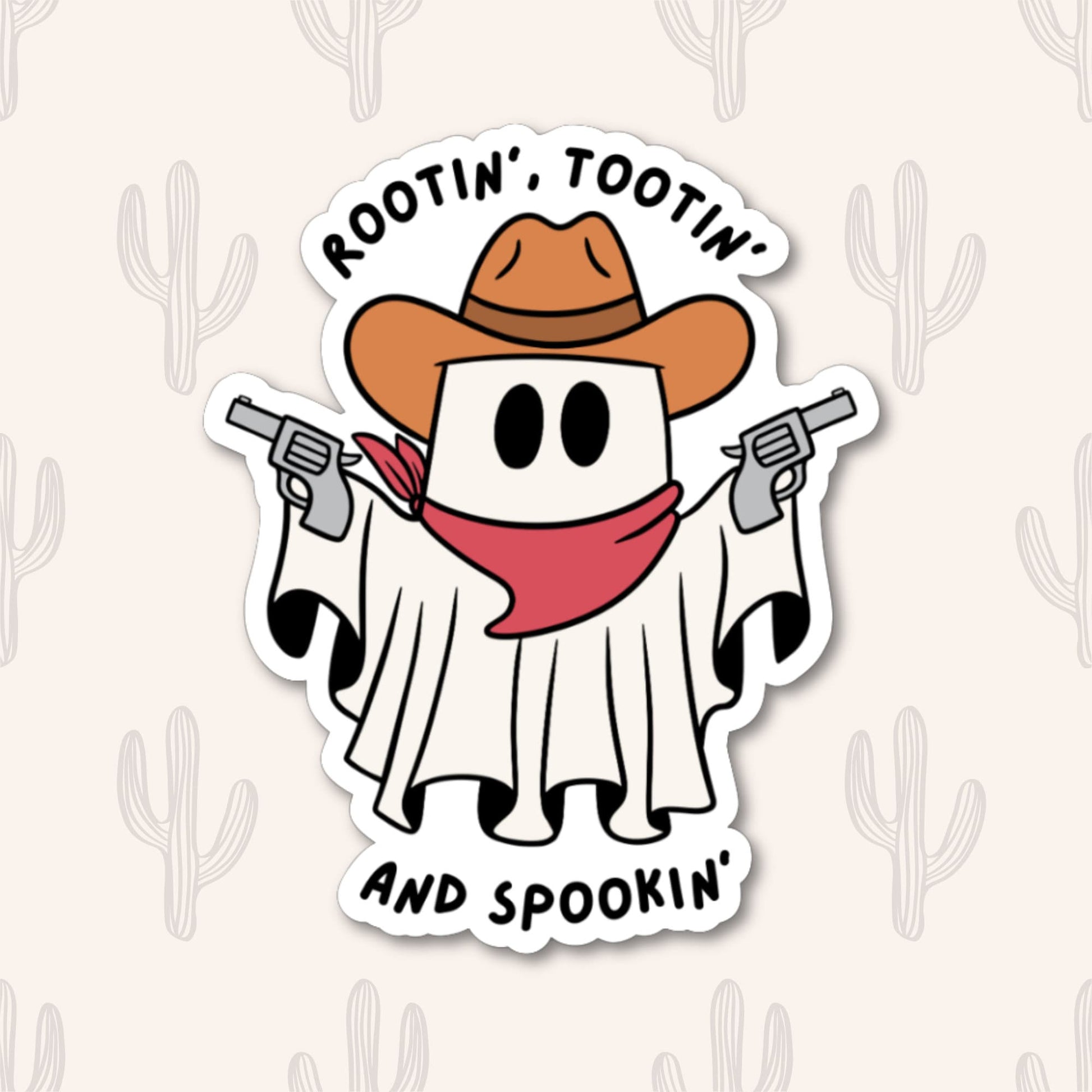 Sticker featuring a ghost dressed as a cowboy with the phrase "Rootin', Tootin', Spookin'" designed to add a mix of spooky and western fun to personal items.