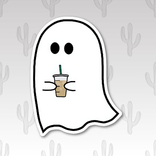 A vinyl sticker featuring a cute ghost holding an iced coffee