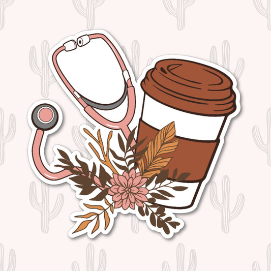 A sticker with a stethoscope next to a coffee cup. In front of the stethoscope is a flower.