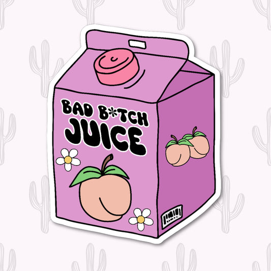 Colorful sticker showcasing a purple juicebox with a peach and the words 'bad b*tch juice', embellished with daisies.