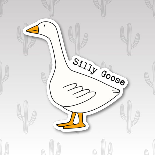 Sticker featuring a playful goose with the phrase "Silly Goose," designed to add humor to personal items.