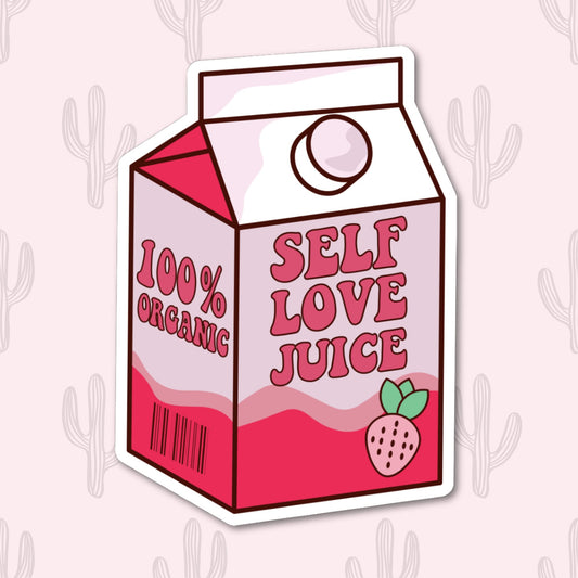 Sticker featuring a carton of "Self Love Juice" labeled 100% organic with a strawberry, designed to promote self-love and positivity.