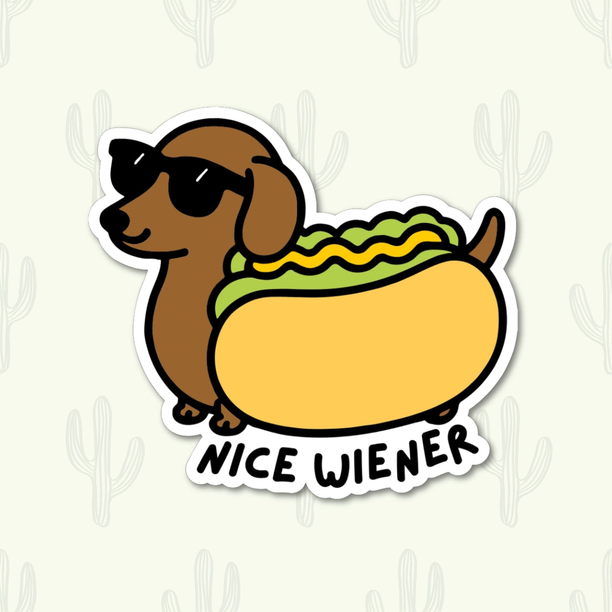 A sticker of a Dachshund wearing sunglasses and is dressed as a hot dog. The phrase under the sticker says 'Nice Wiener'